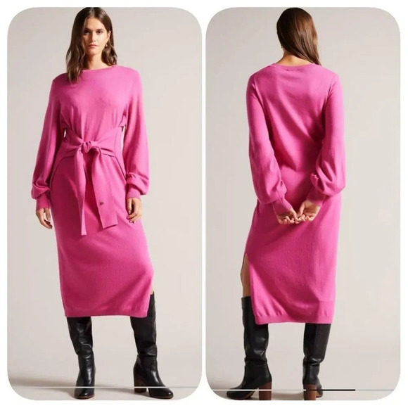 TED Baker EssyaSlouchy Tie Front Midi Knit Dress TB sz 2 US 6